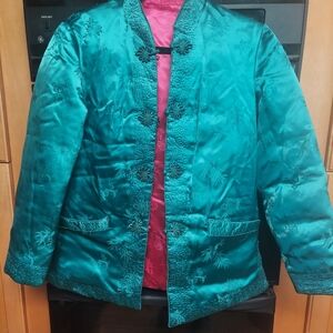 Stunning Teal Hot Pink Reversible Silk Jacket Beautiful Workmanship  Small 6,8
